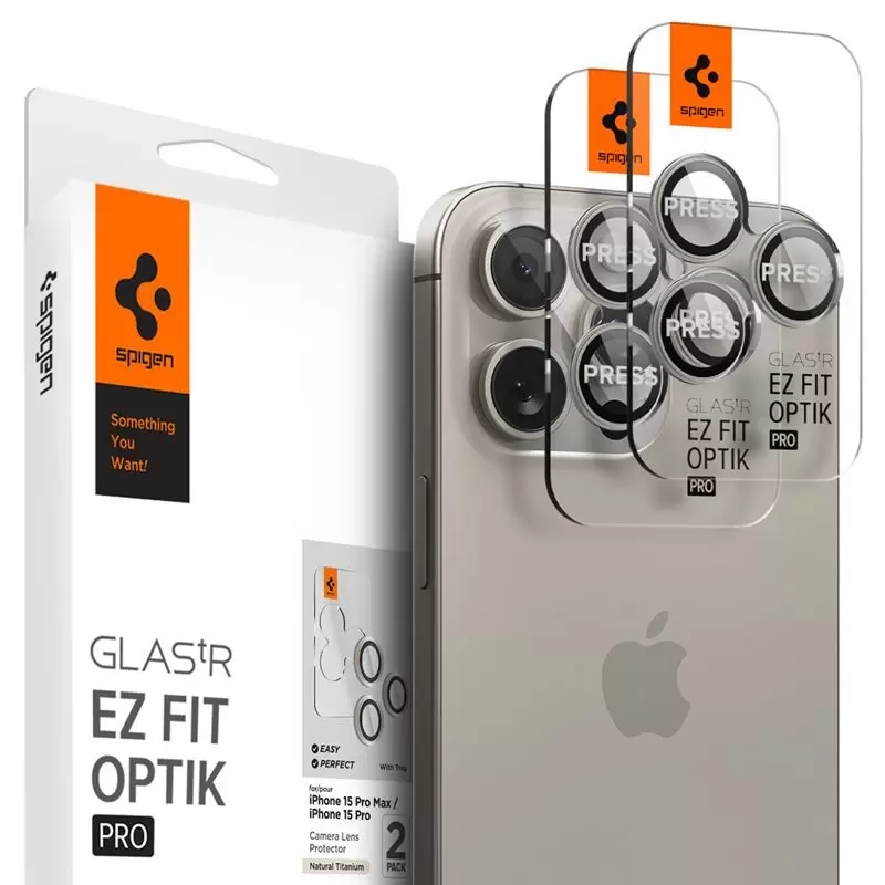 Spigen Glass tR EZ Fit Optik Pro 2 Pack, nature titanium - iPhone 16/15 Pro/ 16/15 Pro Max