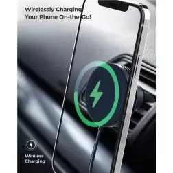 "Velox Mini" yra kompaktiškas belaidis iPhone laikiklis tvirtinamas į automobilio oro ventiliacijos groteles