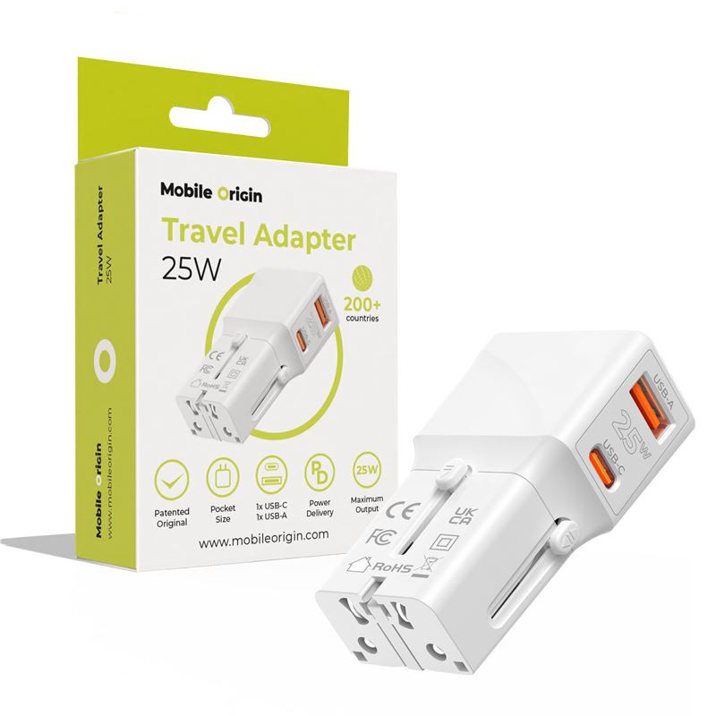 Mobile Origin Travel adapter 25W, EU/US/UK/AU, white Mobile Origin Travel adapter 25W, EU/US/UK/AU, white