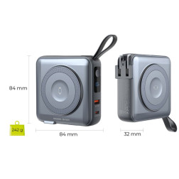 Mobile Origin Powerbank & Travel Charger, Lightning/USB-C Cable, MagSafe/AW/iPhone Compatible, grey